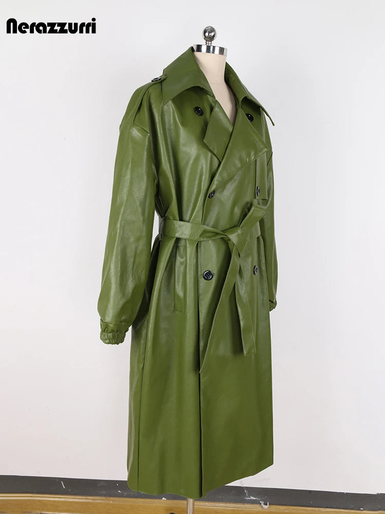 Long Green Hard Leather Trench Coat