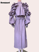 Long Ruffled Purple Leather Trench Coat