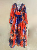 V-Neck Long Sleeves Patchwork Folds Dress