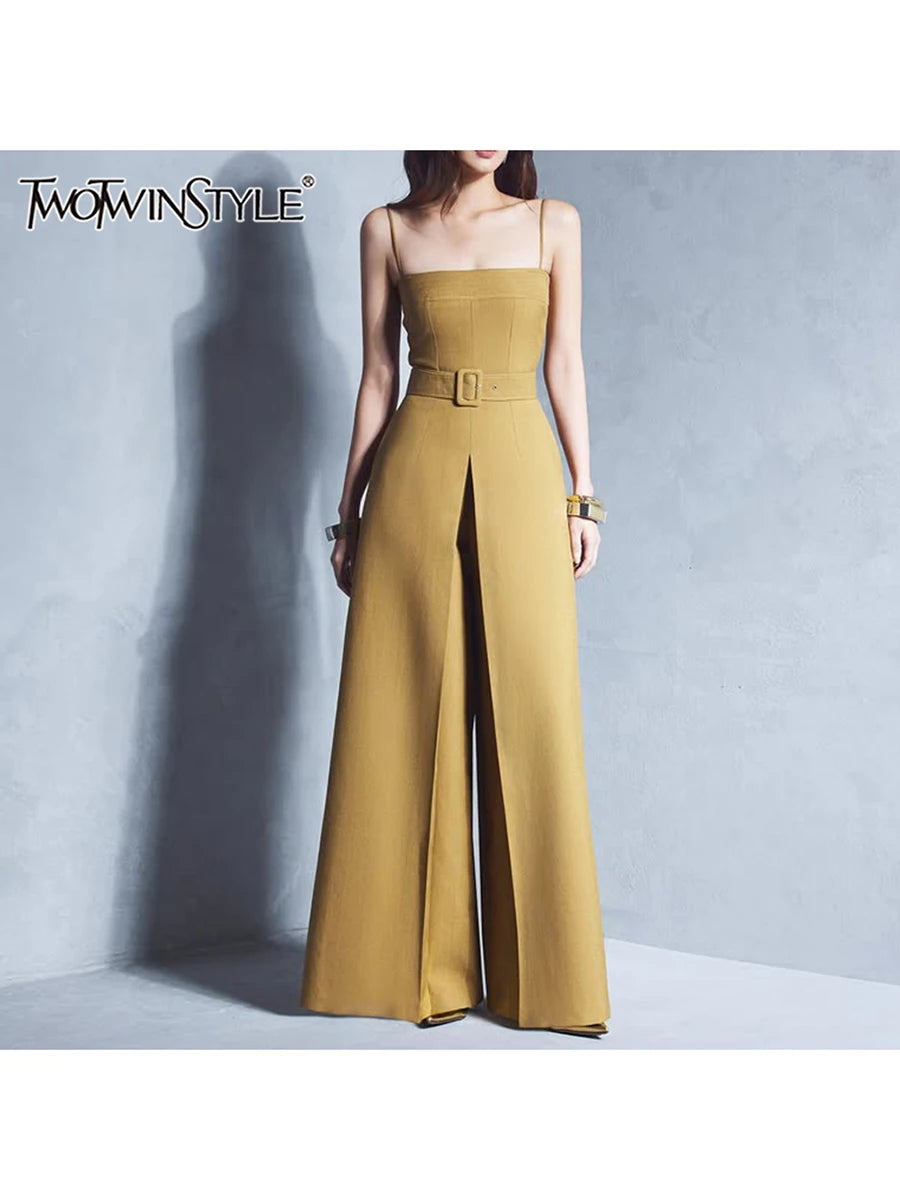 Spliced Belt Slimming Jumpsuits
