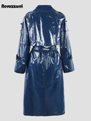 Blue & Soft Patent Faux Leather Trench Coat f