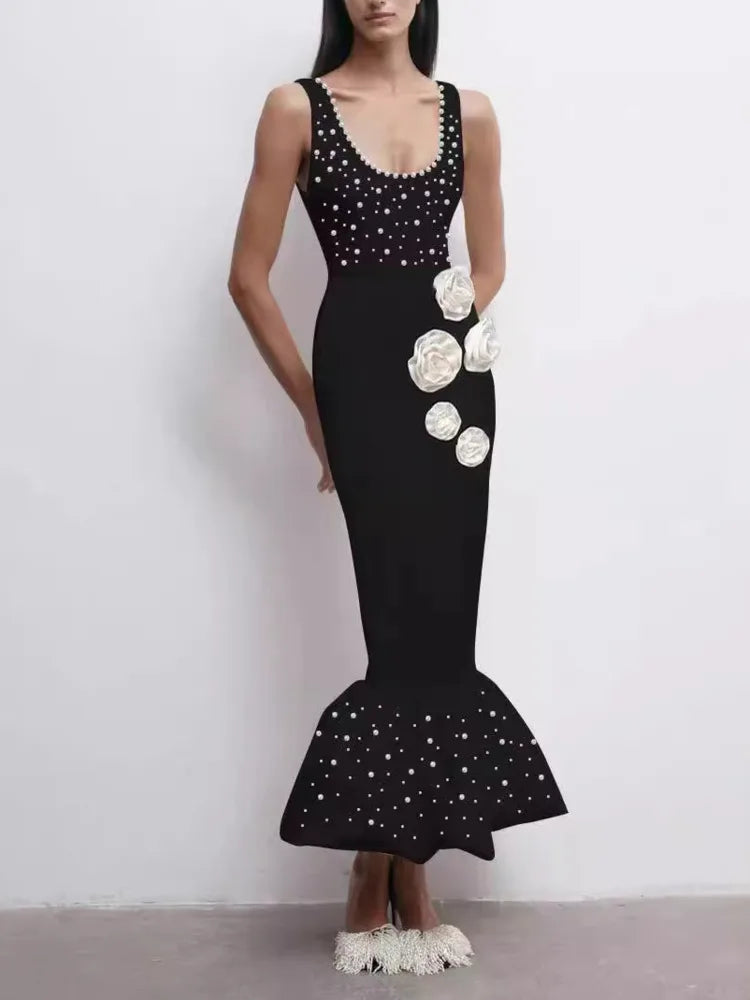 Slip Beading 3D Flower Mermaid Dress