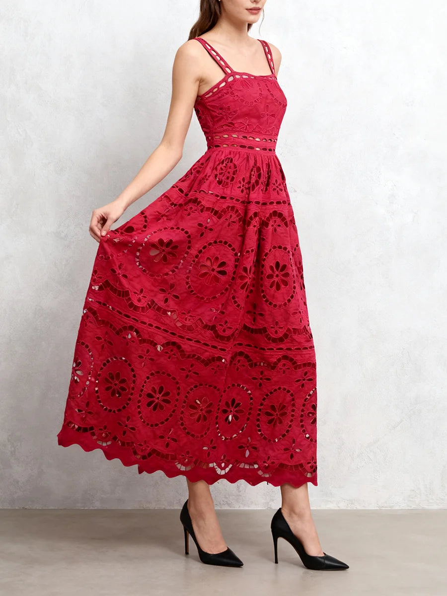 Solid Hollow Out Spliced Folds Dress