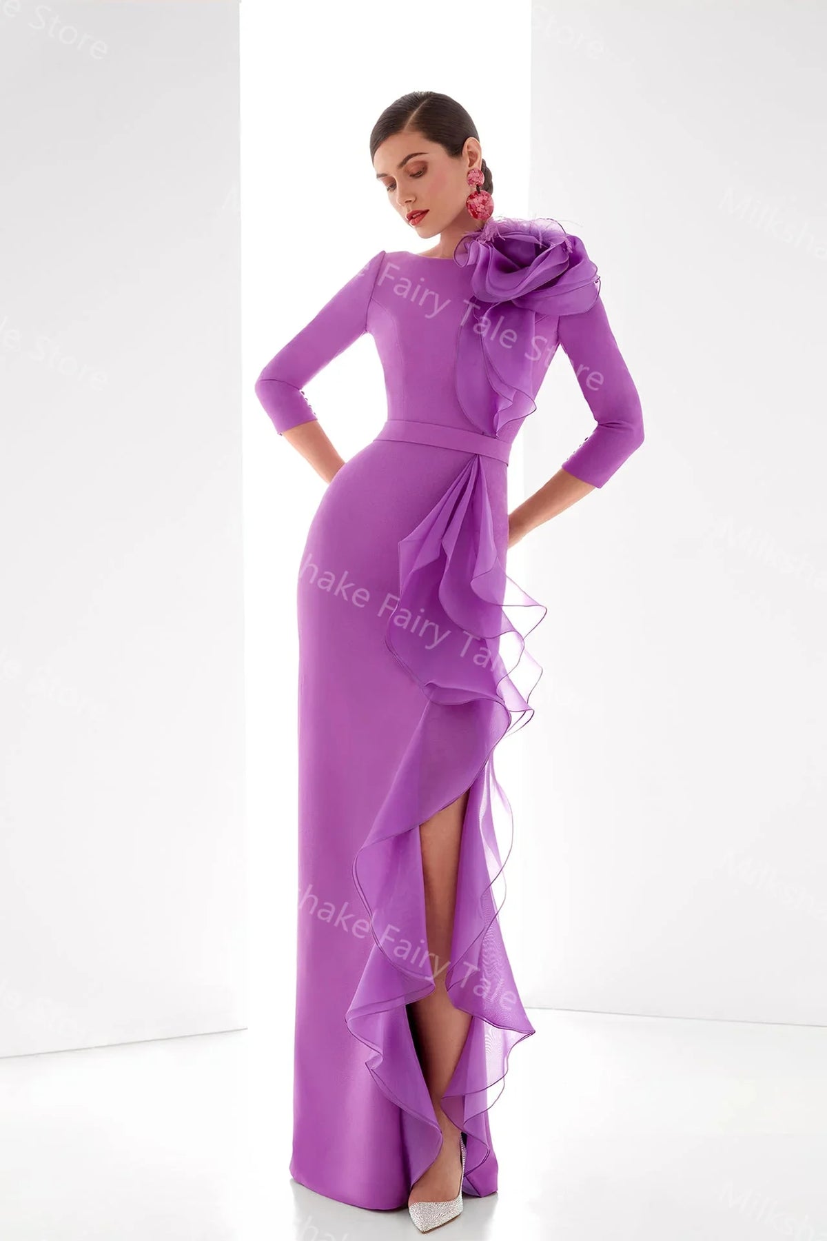Elegant Ruffles 3/4  Evening Sleeves Dress