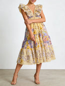 Printing Spliced Ruffles Folds Long Dresses
