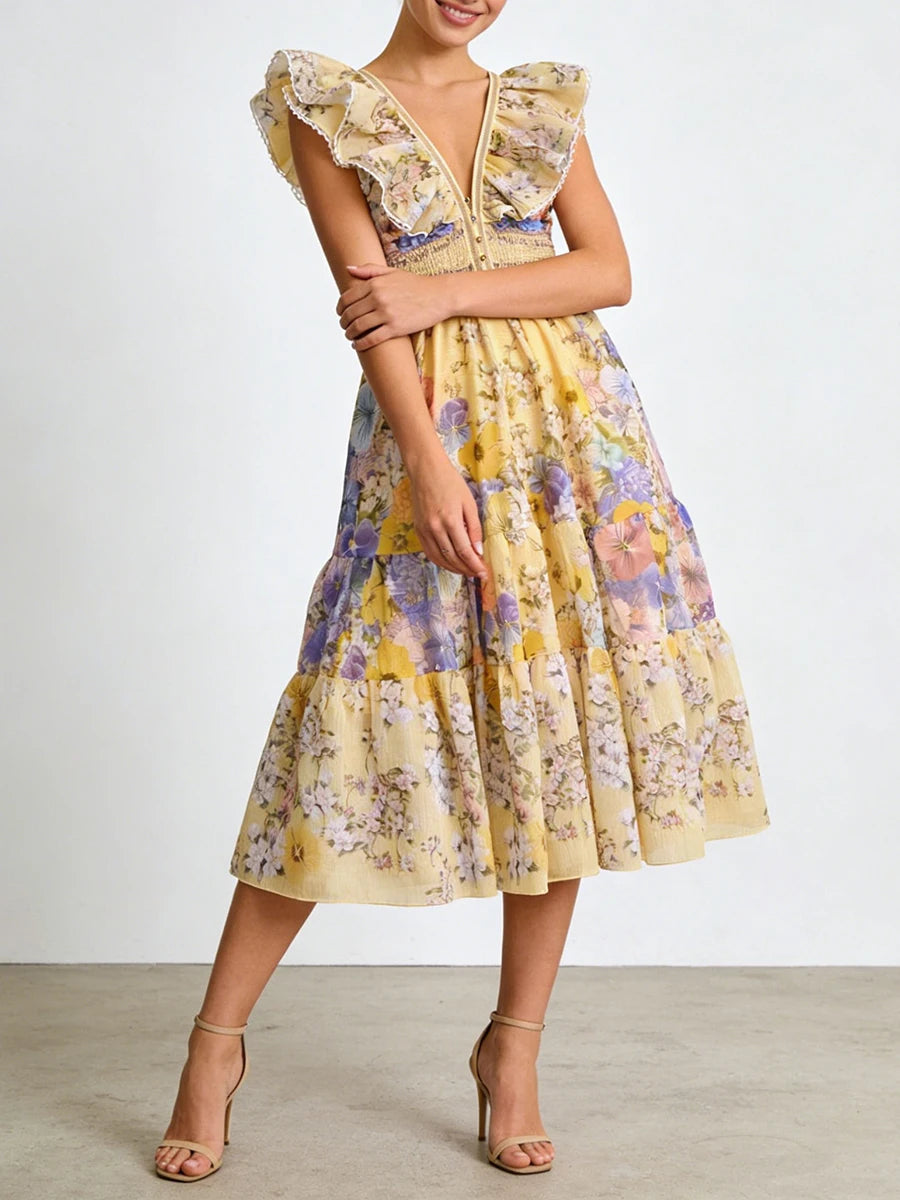 Printing Spliced Ruffles Folds Long Dresses