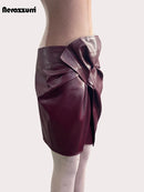 Wine Red Patchwork Leather Mini Skirt