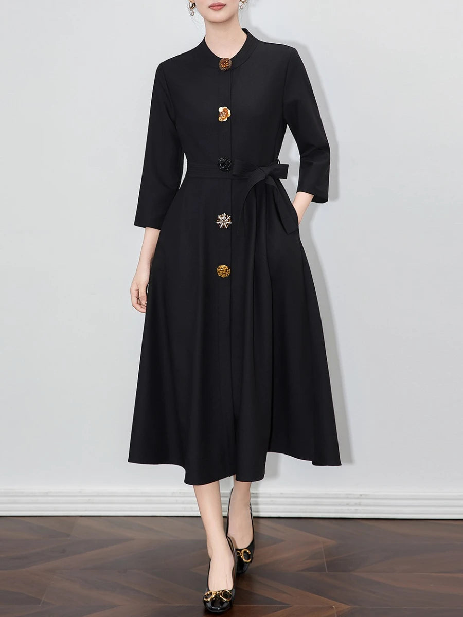 Solid Spliced 3D Buttons Dresses