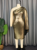 Plus Size One Shoulder Gold Sheath Dress