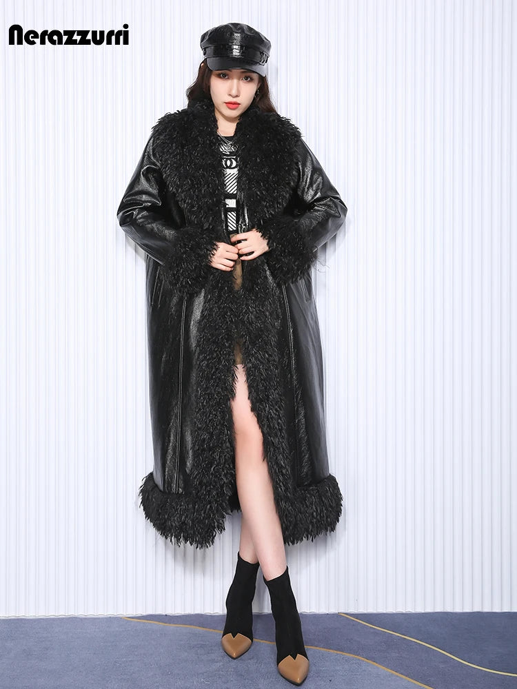 Long Loose Black Quilted Leather Coat