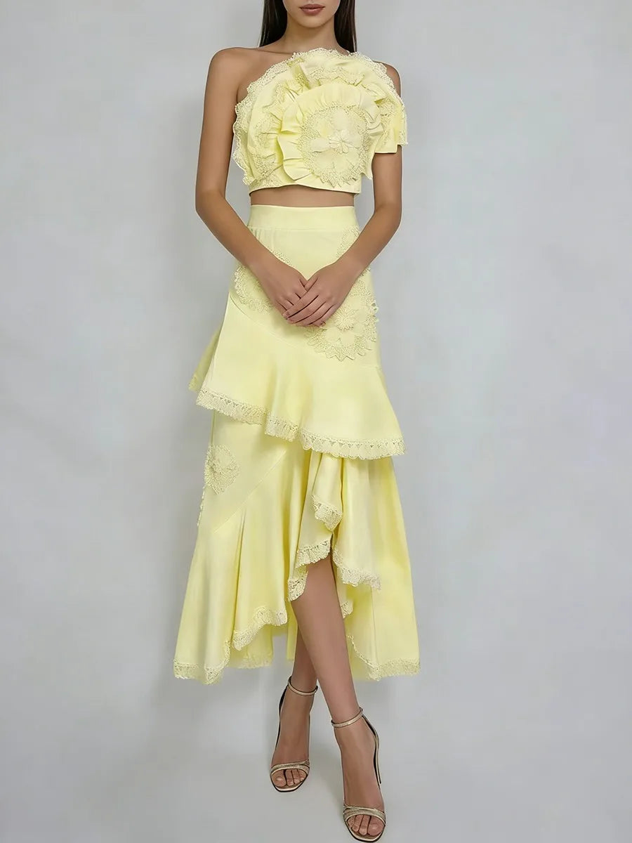 Embroidery Two Piece Ruffles Skirt Sets