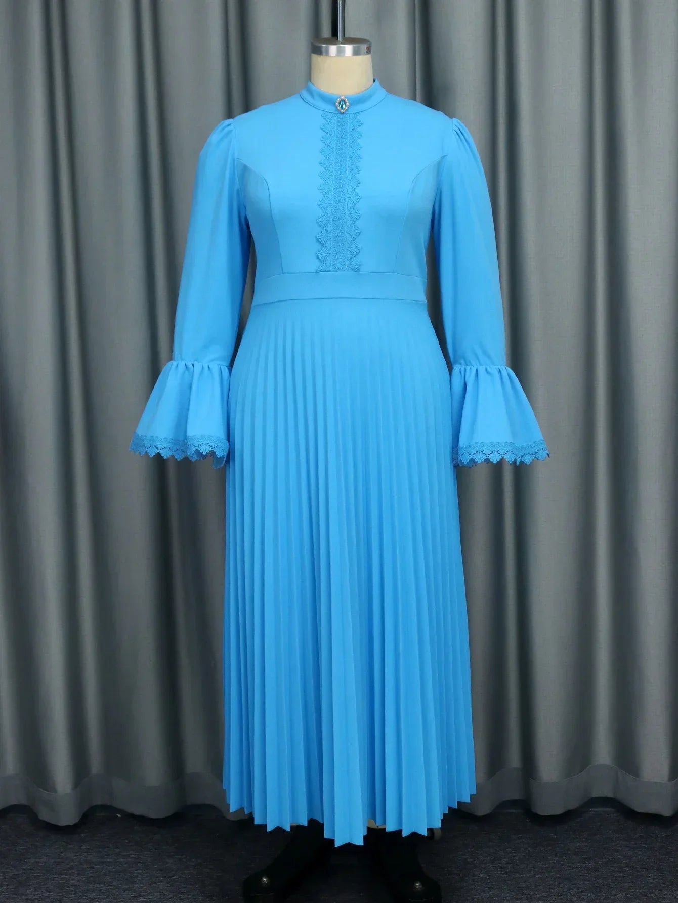 Plus Size Blue Pleated Maxi Church Dress