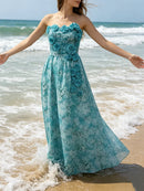 Blue Loose Spliced Flowers Dresses