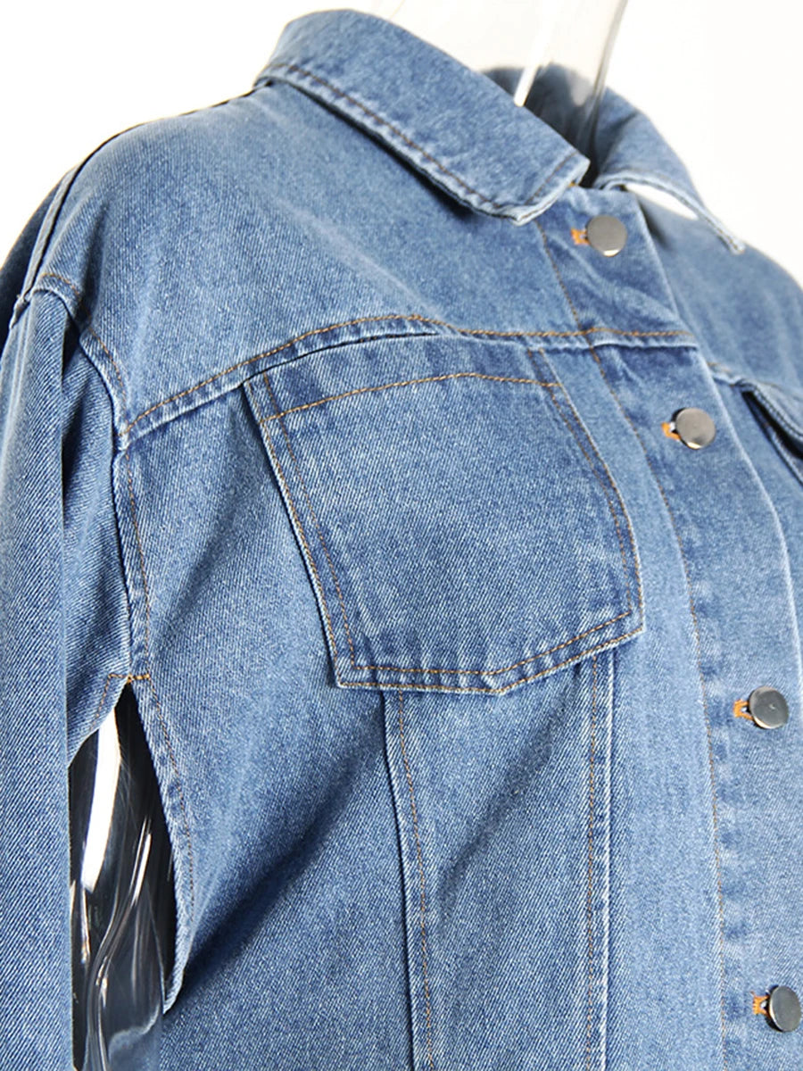 Denim Lapel Batwing Sleeve Coat