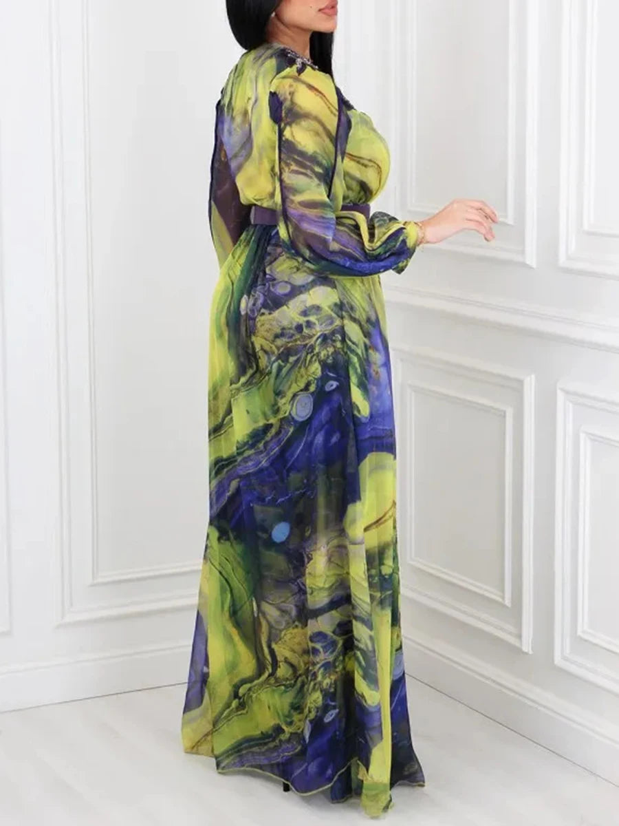 V-Neck Long Sleeves Patchwork Folds Dress