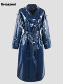 Blue & Soft Patent Faux Leather Trench Coat f