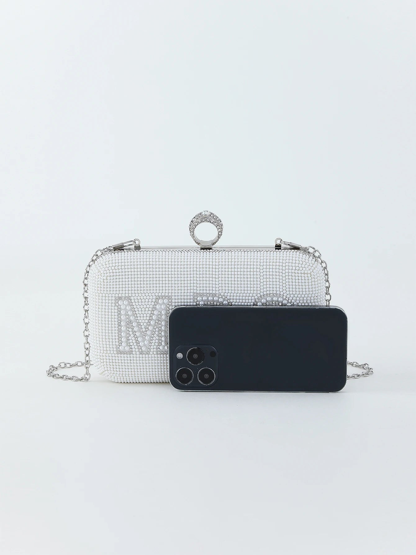 Pearl and rhinestone letter MRS clutch evening bag