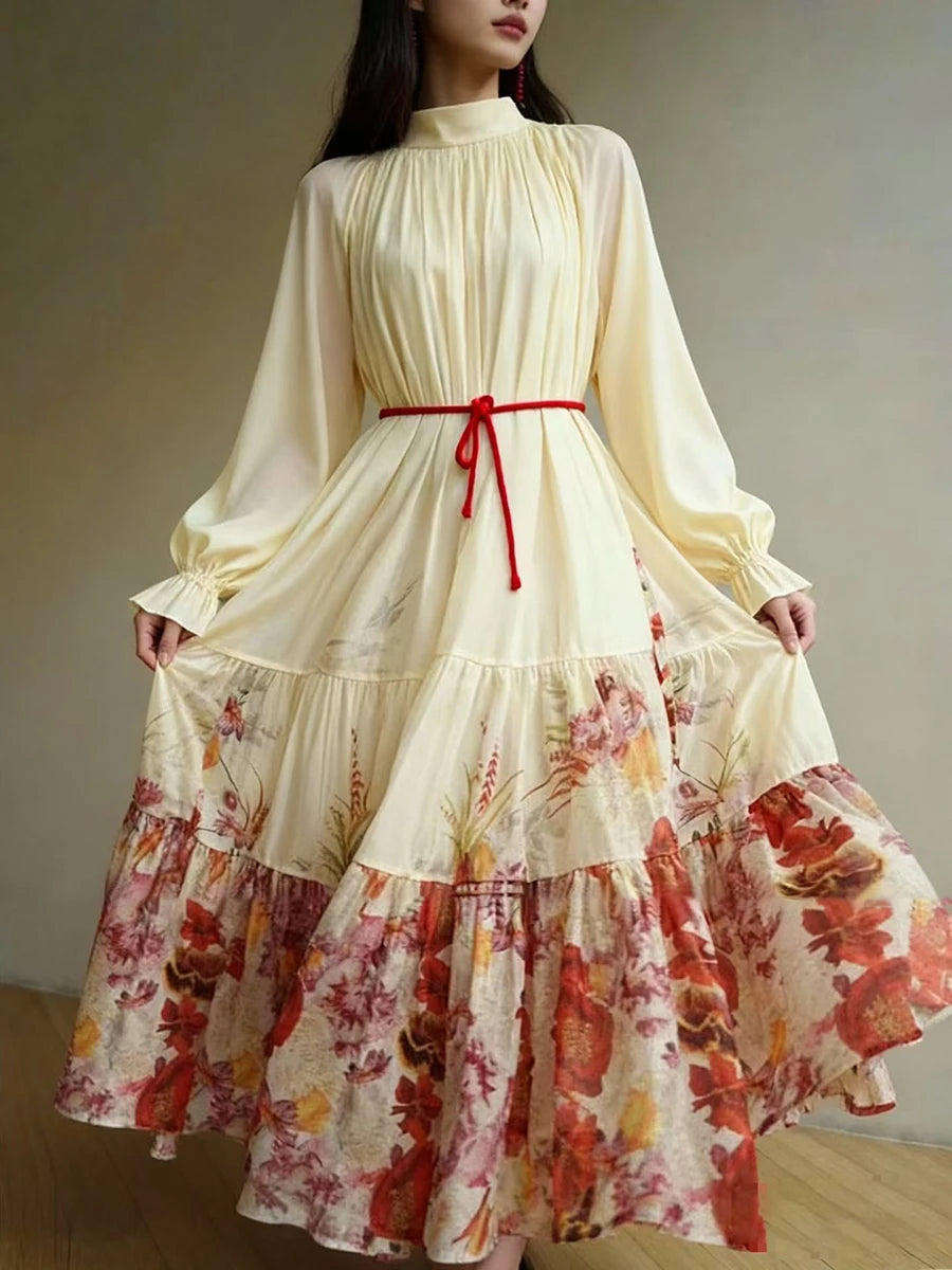 Hit Color Printing Spliced Folds Elegant Dresses
