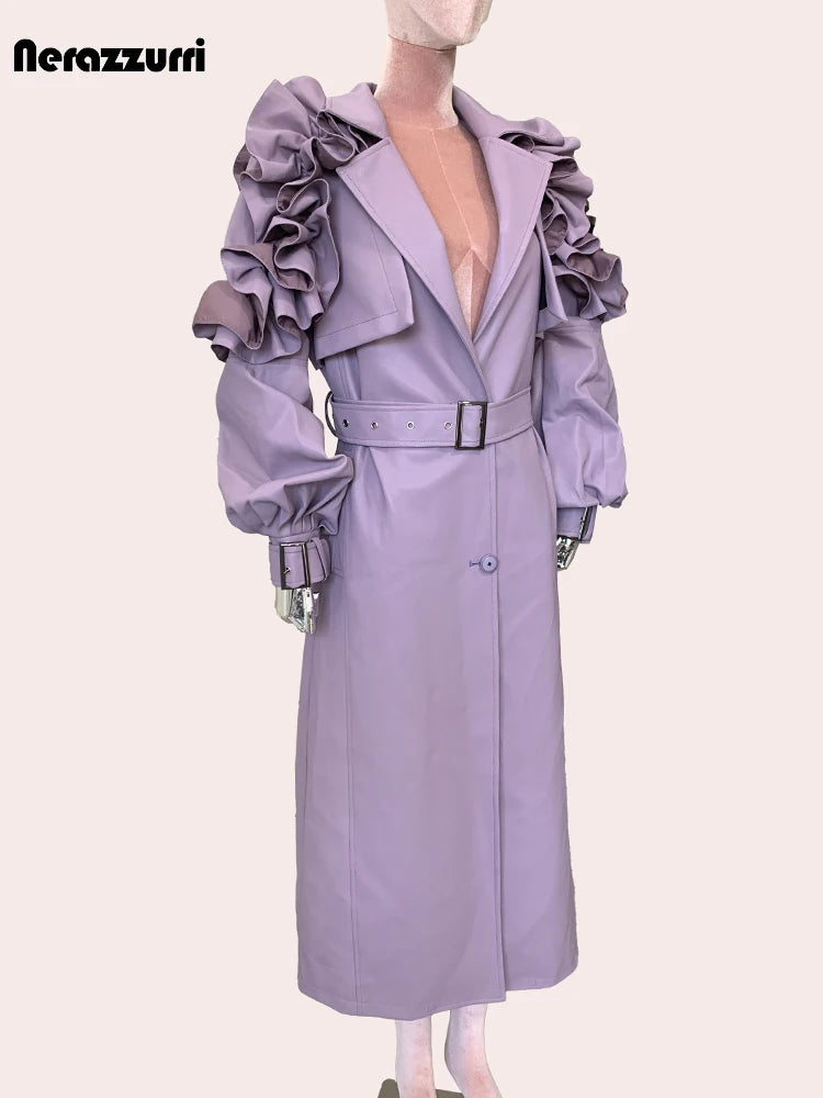 Long Ruffled Purple Leather Trench Coat