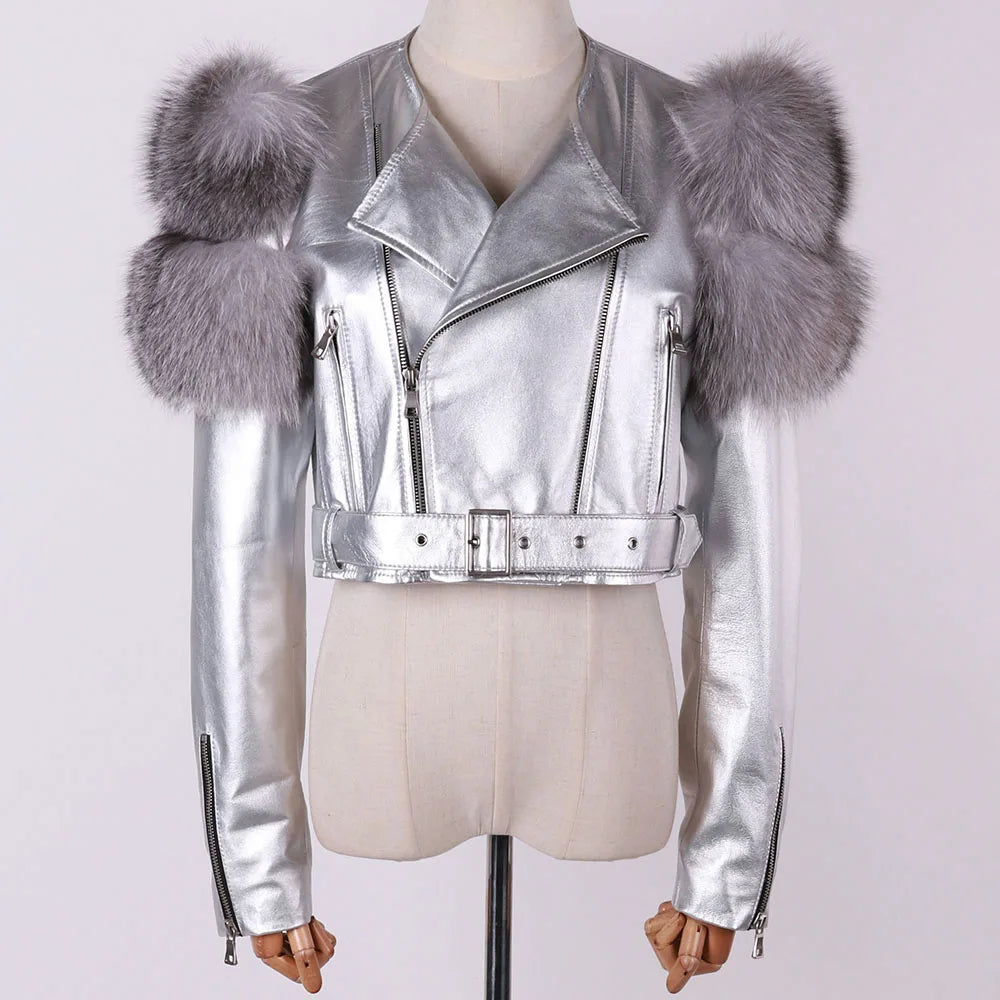 Shiny Sliver Leather Jacket Ladies