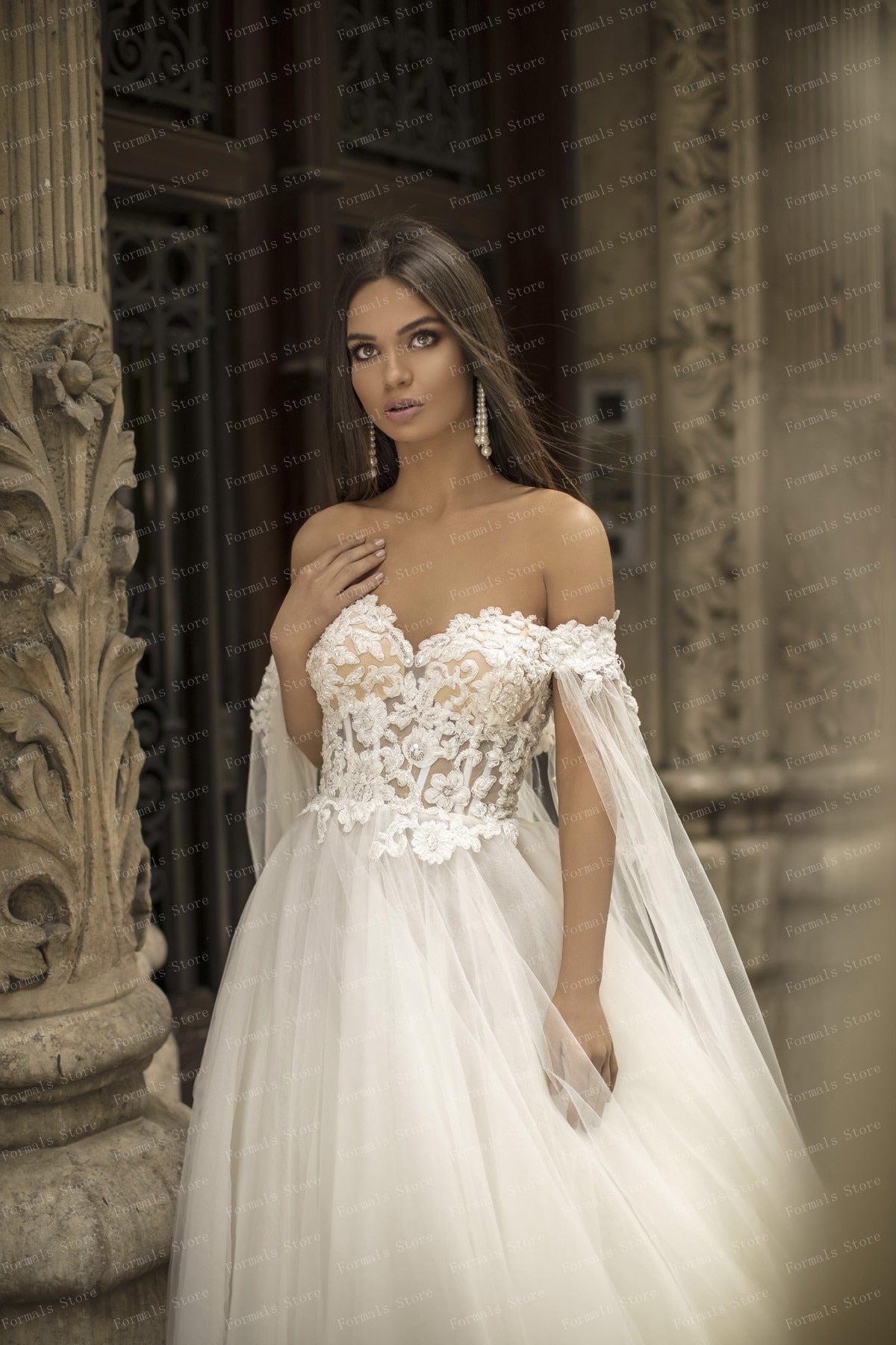 Off Shoulder A-line Tulle Bridal Dress