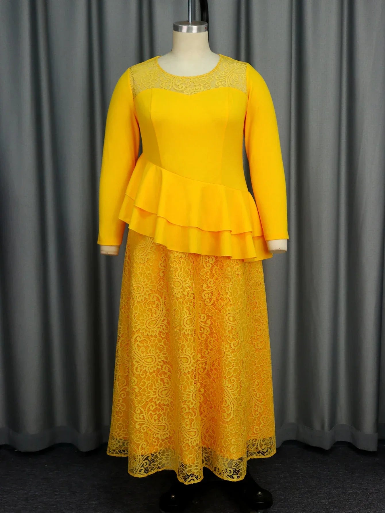 Plus Size Autumn Women's Yellow Lace Dress