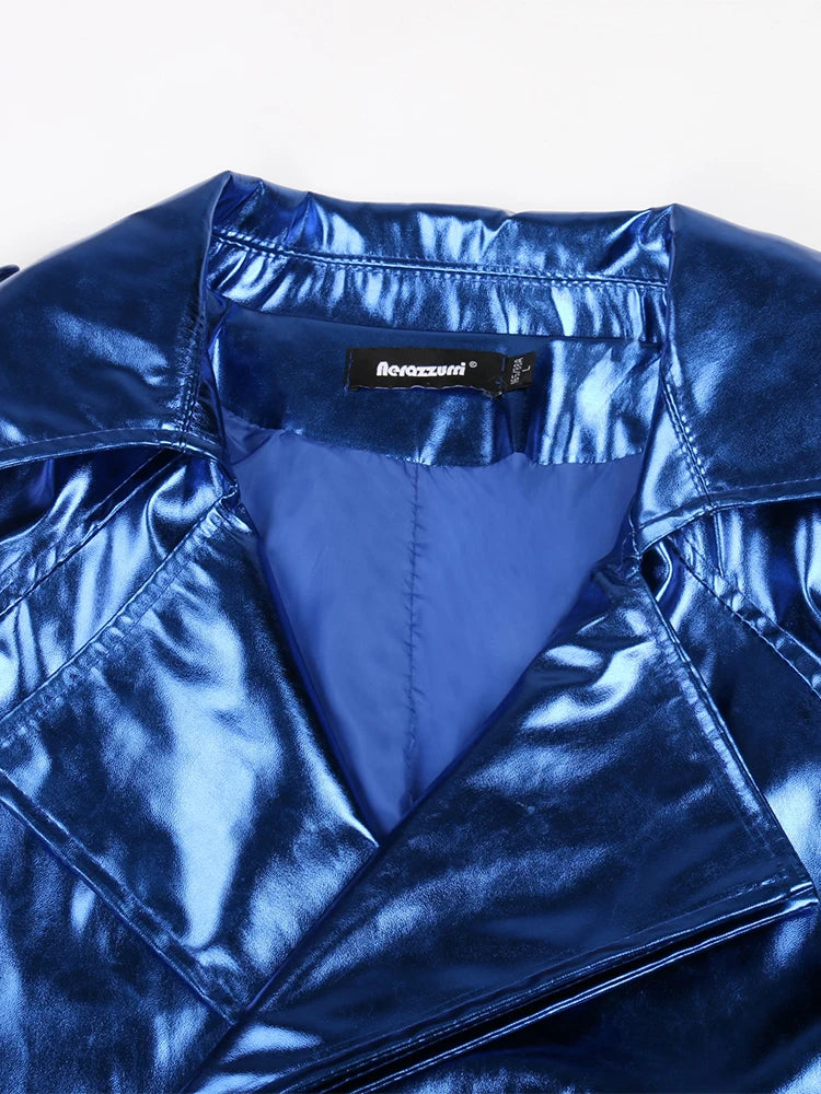 Long Blue Shiny Trench Coat