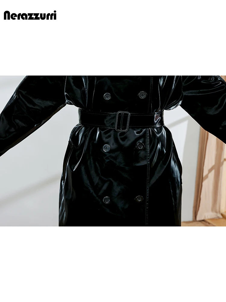 Black & Reflective Patent Leather Trench Coat