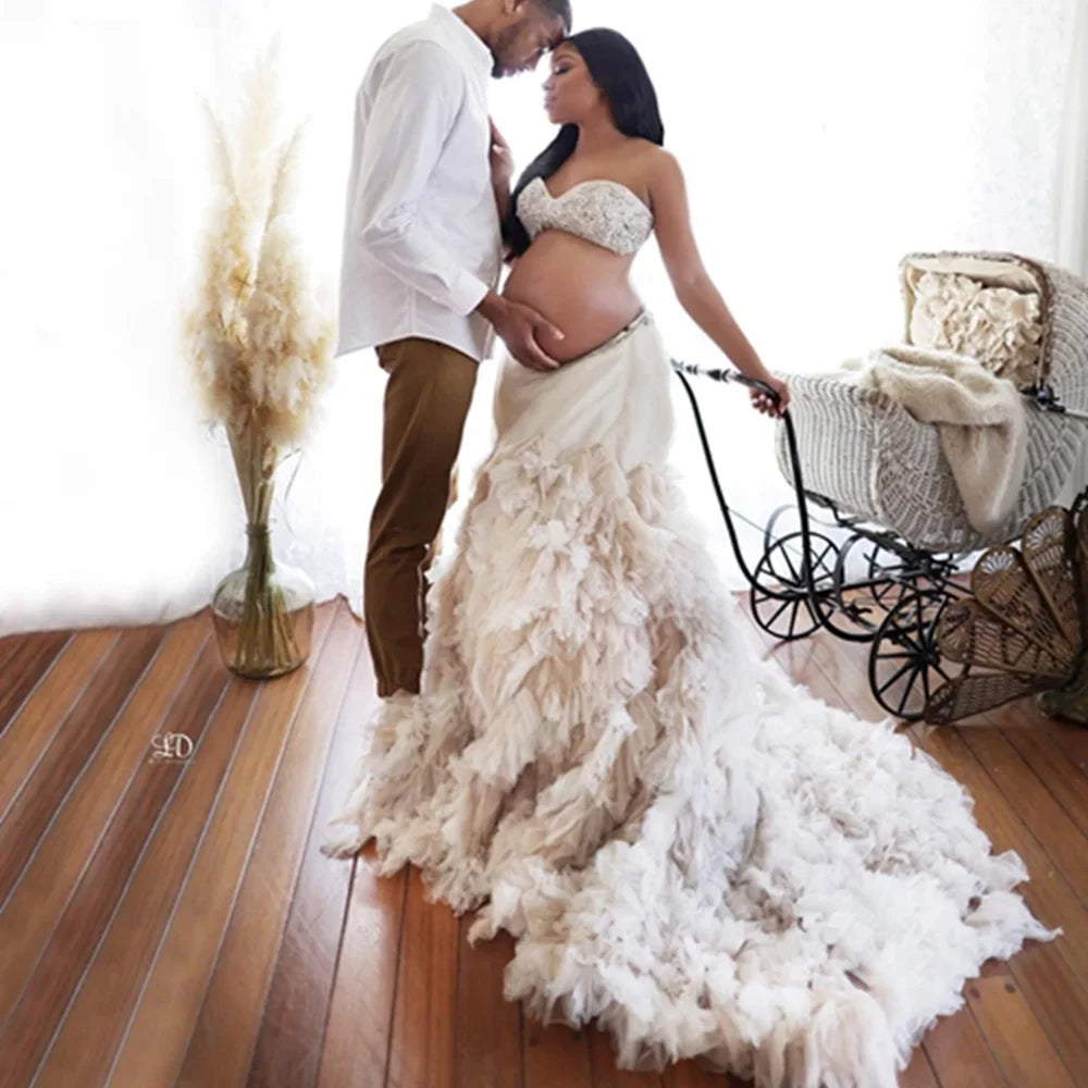 Trendy Two Pieces Beading Tulle Maternity Dress