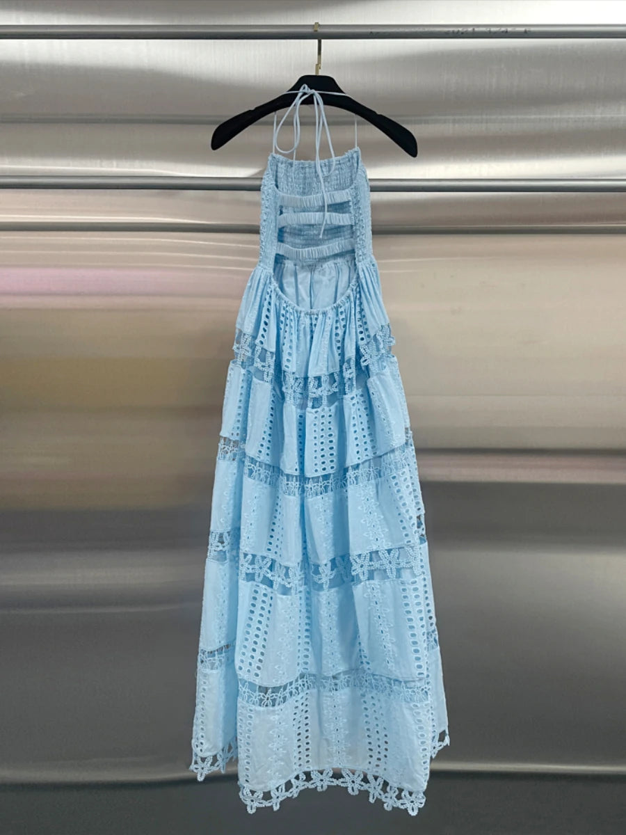Hollow Out Spliced Embroidery Long Dresses
