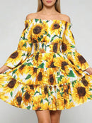 Sunflower Print Folds Dresses