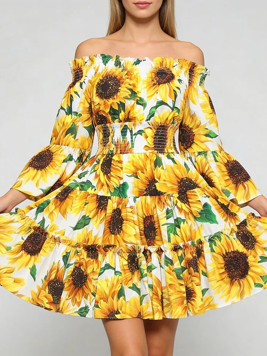 Sunflower Print Folds Dresses