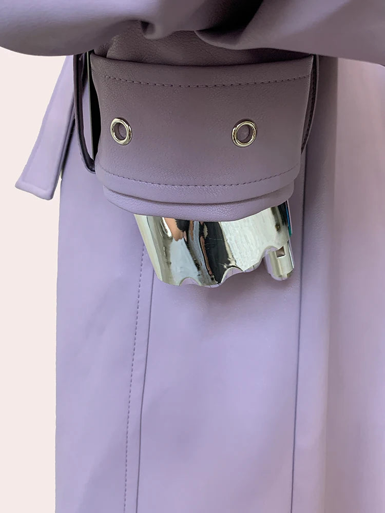 Long Ruffled Purple Leather Trench Coat