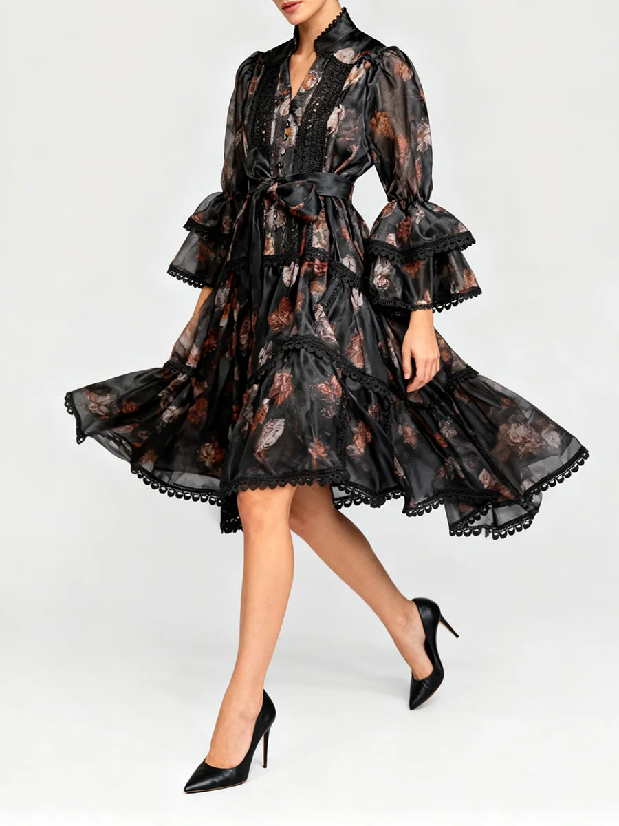 Printing Spliced Ruffles Dresses