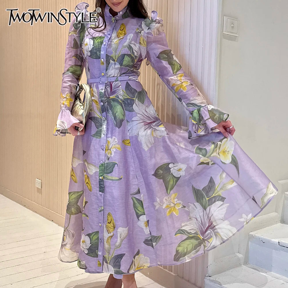 Printed Spliced Ruffles Folds Dresses