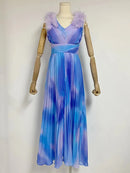 Color block Patchwork Feathers Elegant Long Dresses