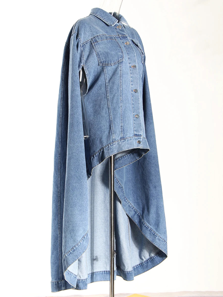 Denim Lapel Batwing Sleeve Coat