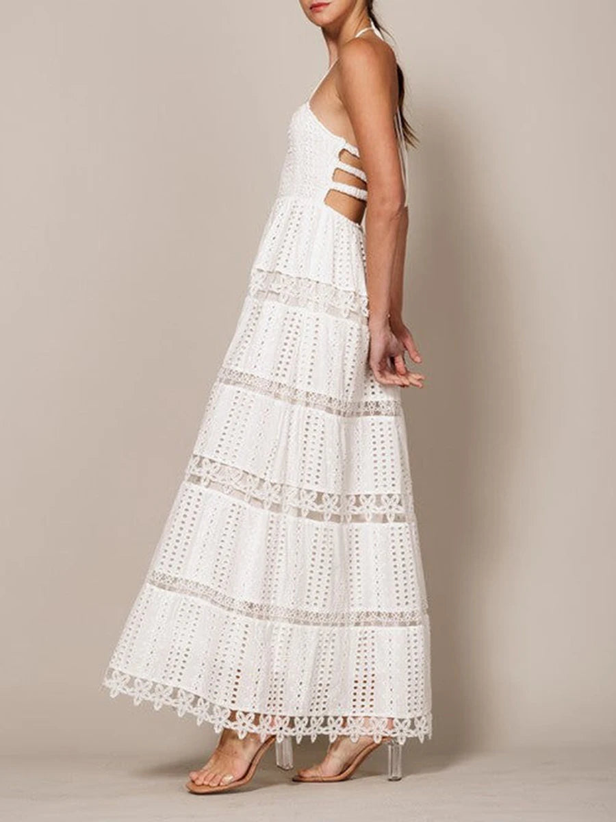 Hollow Out Spliced Embroidery Long Dresses