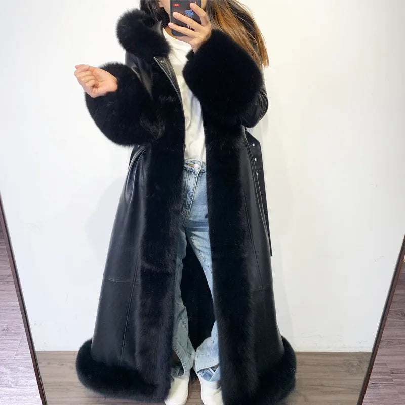 Fur Collar Hooded Leather Trench Coat