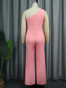 Plus Size Flower Appliqués One Shoulder  Jumpsuits