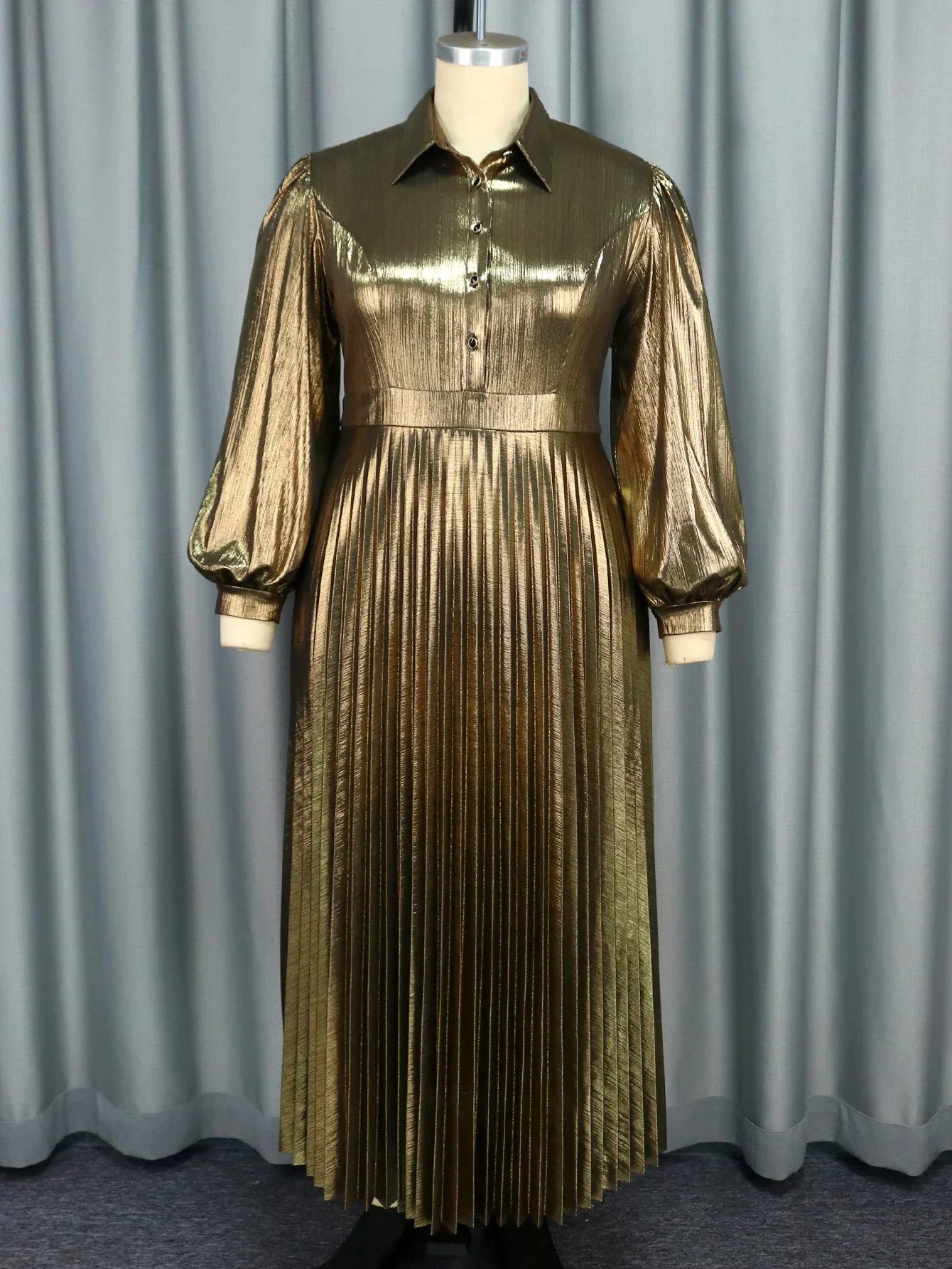 Plus Size Shiny Gold Pleated Maxi Dress