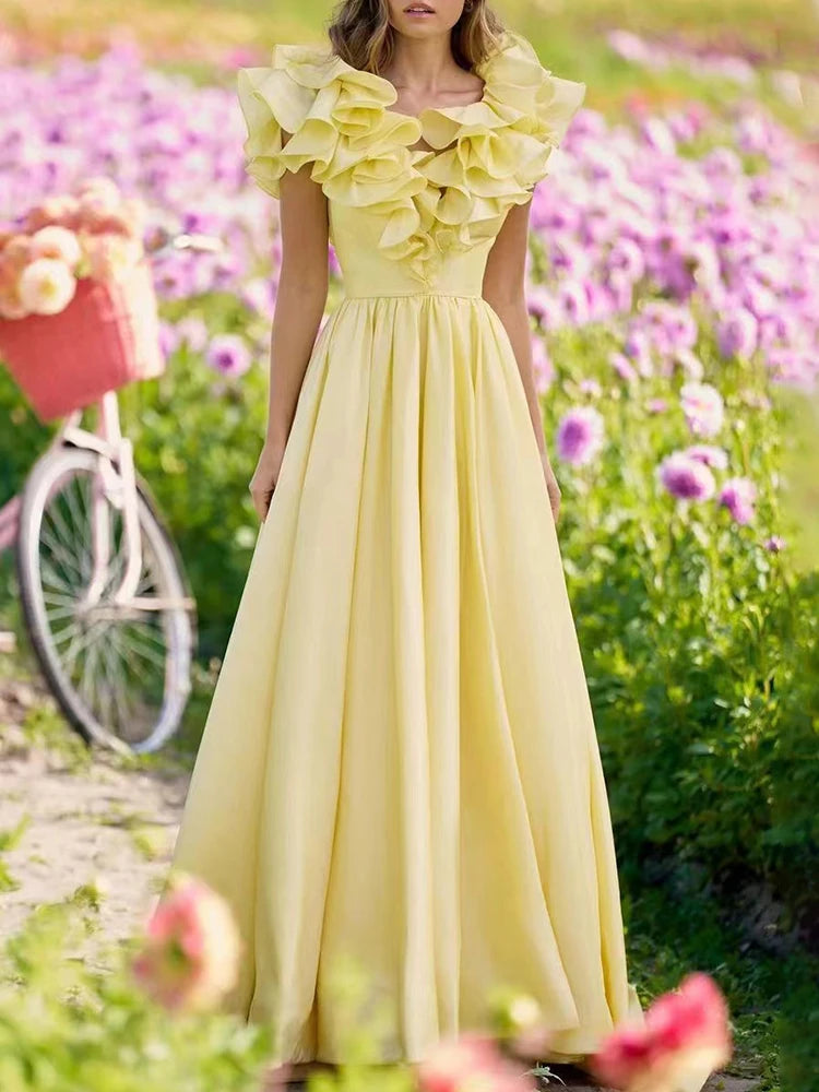 Solid Patchwork Ruffles Yellow Dress