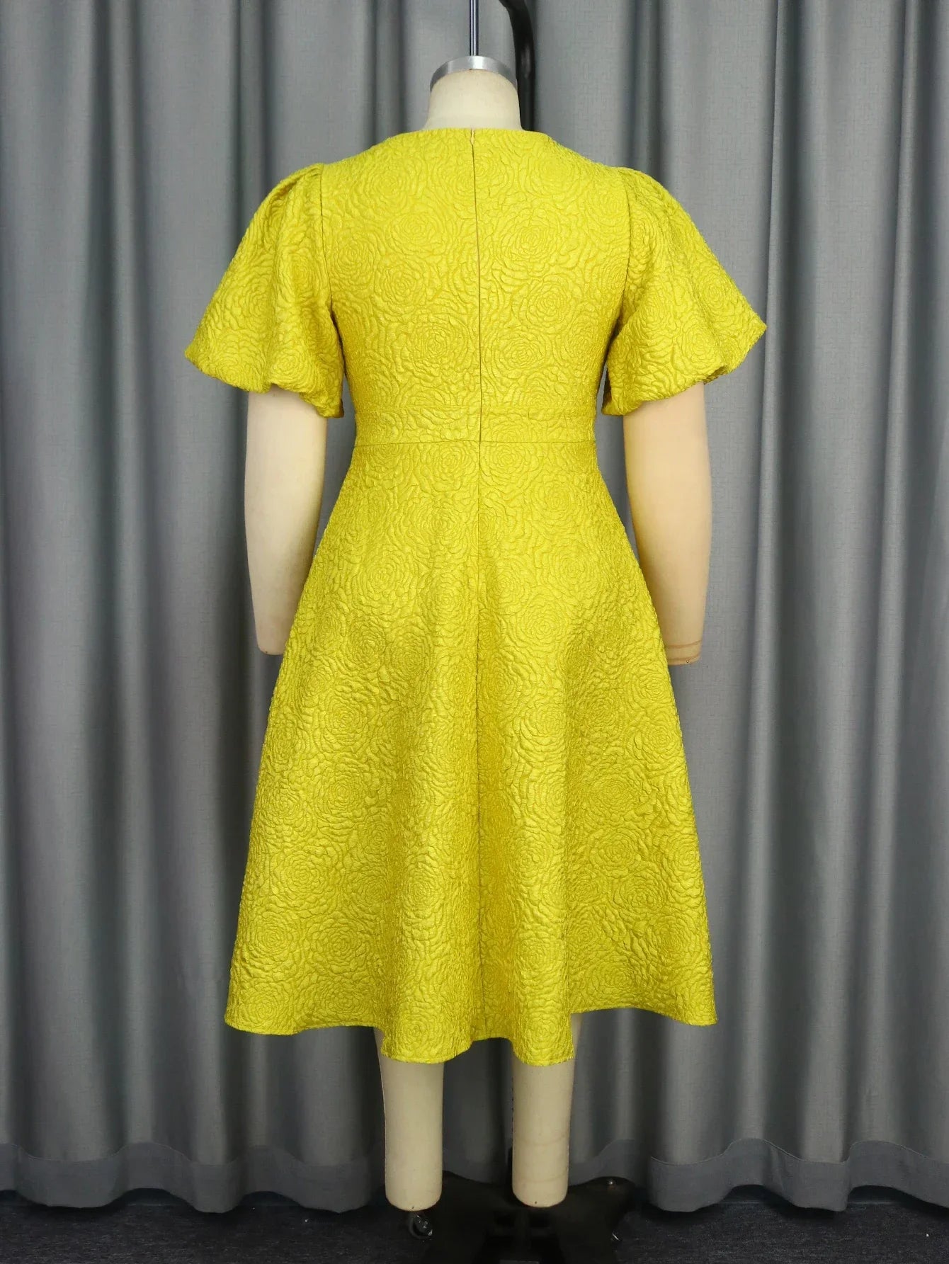 Plus Size Yellow Jacquard A-Line Dress Flower