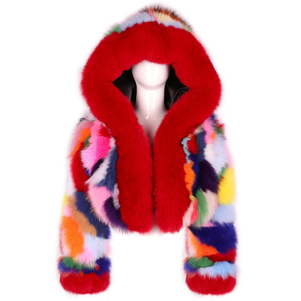 Plus Size Warm Colorful Hooded Real Fur