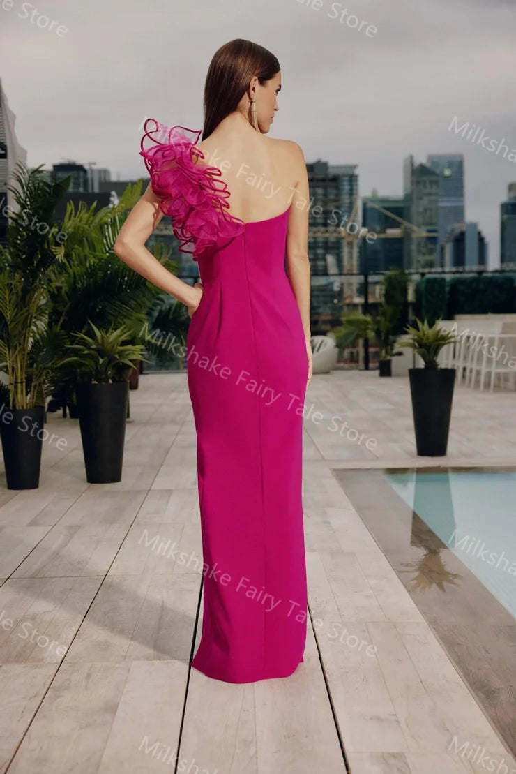 One Shoulder Ruffles Satin Dress