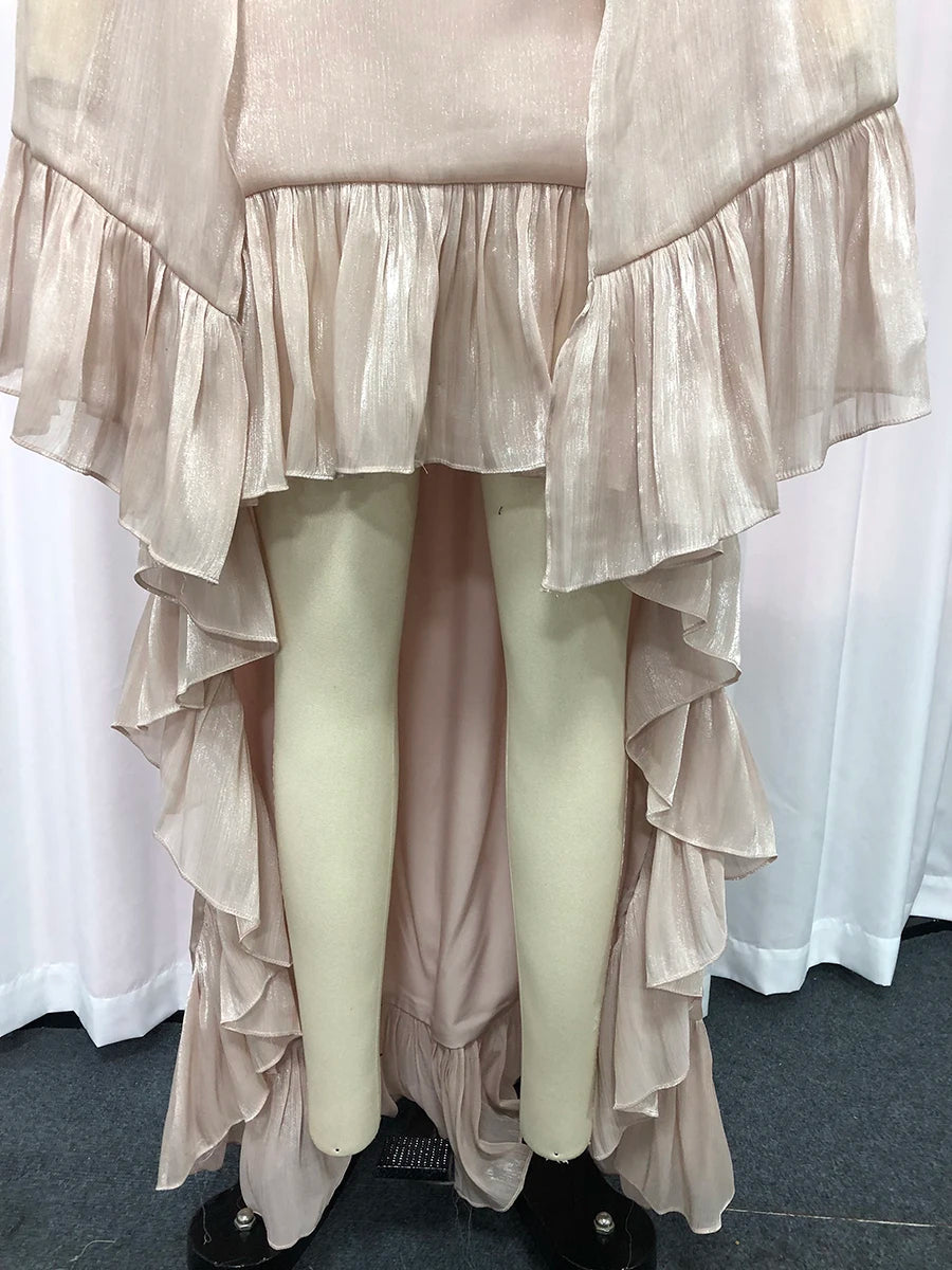 TWOTWINSTYLE Fashion Spliced Ruched Irregular Long Dress for Women Round Neck Sleeveless Tunic Patchwork Cloak Dresses Female