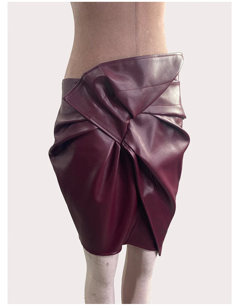 Wine Red Patchwork Leather Mini Skirt