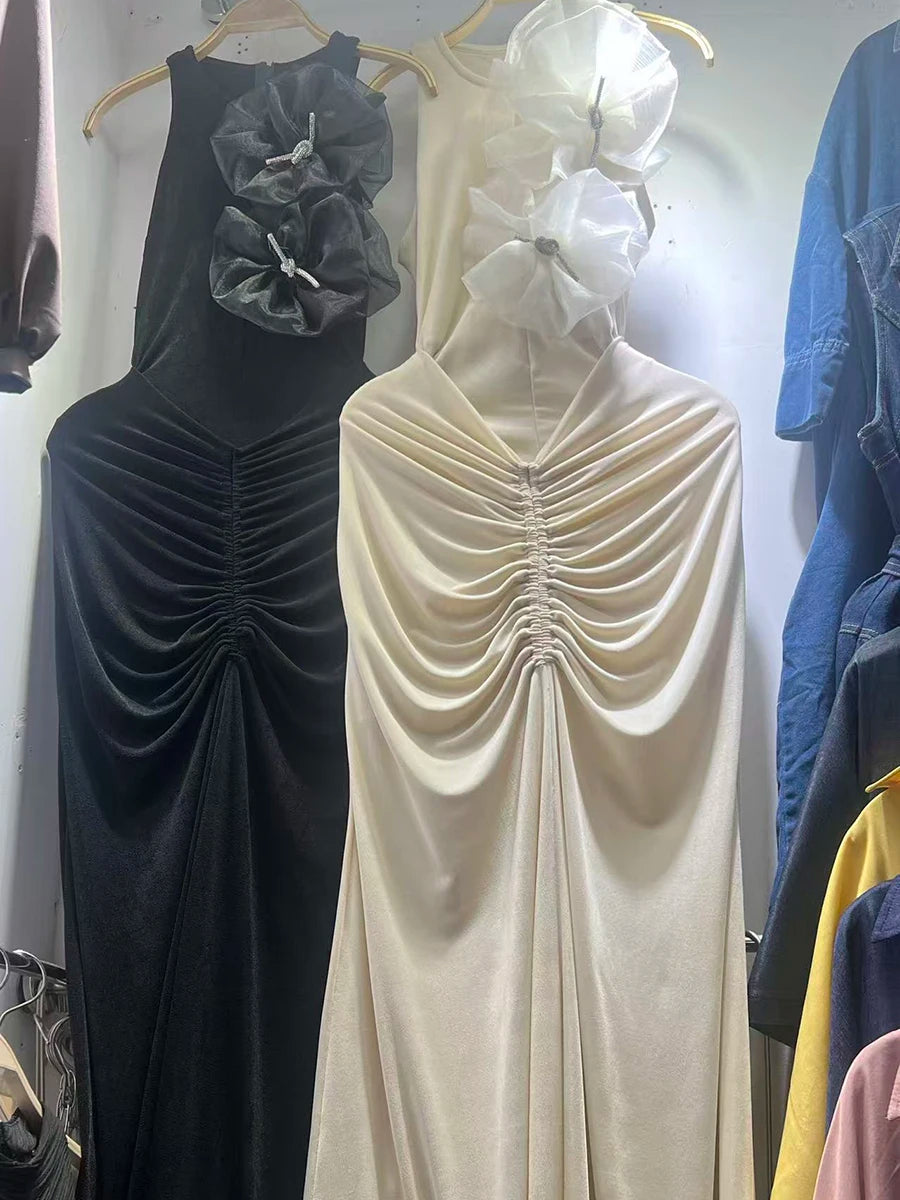 Solid Spliced 3D Flower Fashion Long Dresses