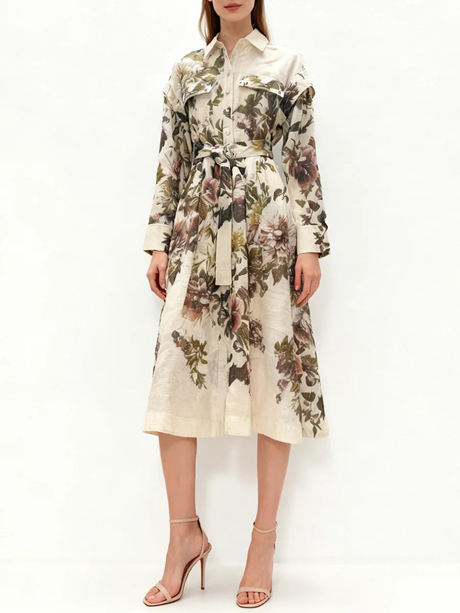 Hit Color Printing Spliced Lace Up Dresses