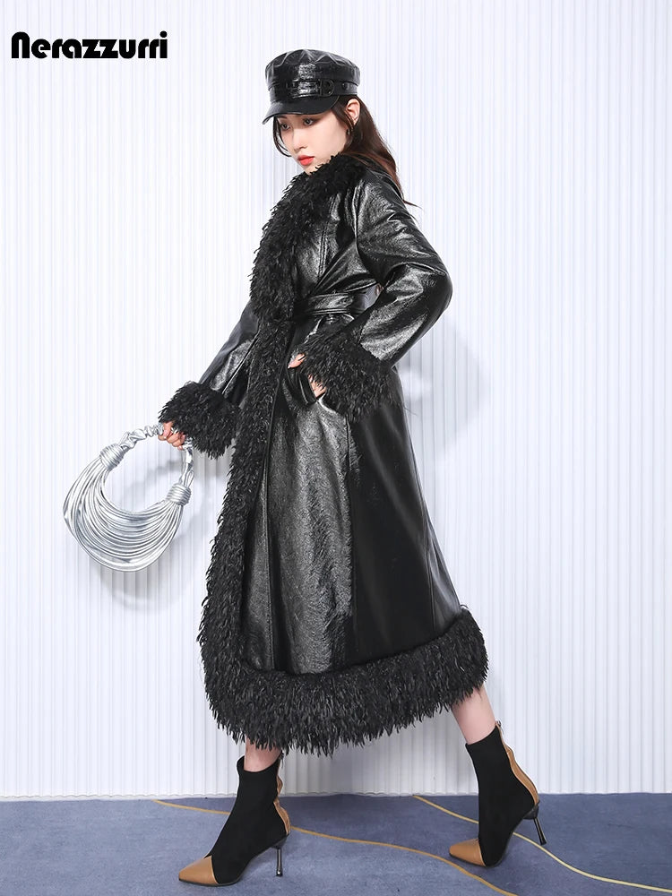 Long Loose Black Quilted Leather Coat